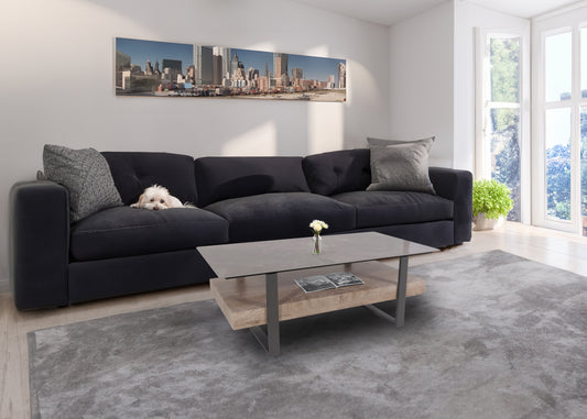 Cosmo Casa - Salontafel - IJzeren Plank - Gesinterde Steen Marmerlook - Grijs en Grijsbruin Hout