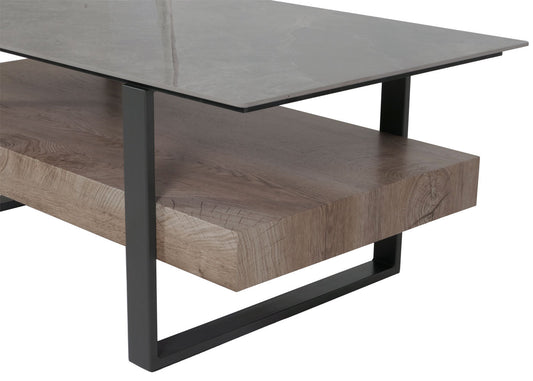 Cosmo Casa - Salontafel - IJzeren Plank - Gesinterde Steen Marmerlook - Grijs en Grijsbruin Hout