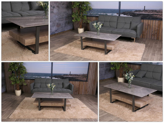 Cosmo Casa - Salontafel - IJzeren Plank - Gesinterde Steen Marmerlook - Grijs en Grijsbruin Hout