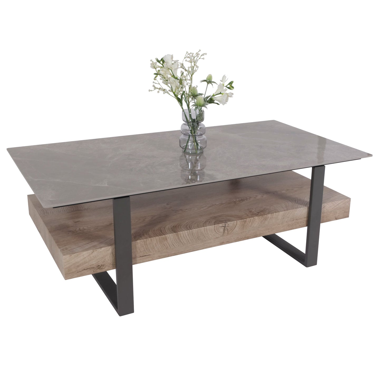 Cosmo Casa - Salontafel - IJzeren Plank - Gesinterde Steen Marmerlook - Grijs en Grijsbruin Hout