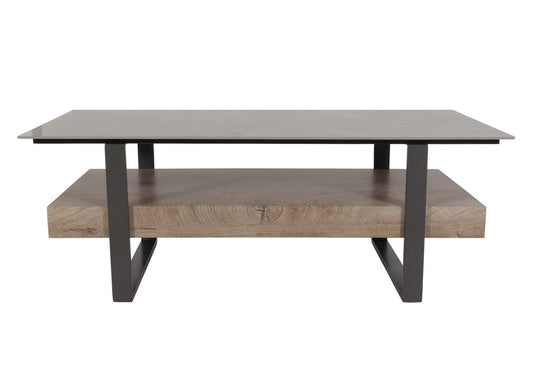 Cosmo Casa - Salontafel - IJzeren Plank - Gesinterde Steen Marmerlook - Grijs en Grijsbruin Hout