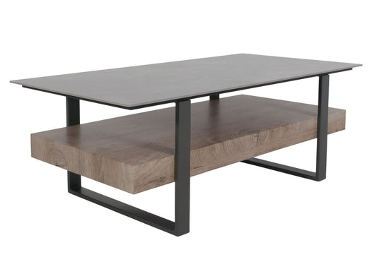 Cosmo Casa - Salontafel - IJzeren Plank - Gesinterde Steen Marmerlook - Grijs en Grijsbruin Hout