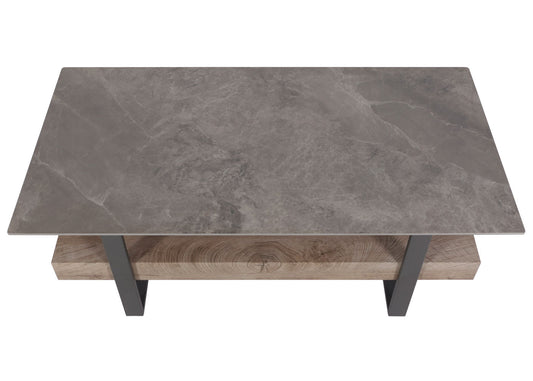 Cosmo Casa - Salontafel - IJzeren Plank - Gesinterde Steen Marmerlook - Grijs en Grijsbruin Hout