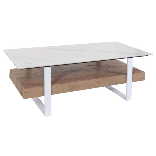 Cosmo Casa - Salontafel - IJzeren Plank - Gesinterde Steen Marmerlook - Wit en Natuurlijk Hout
