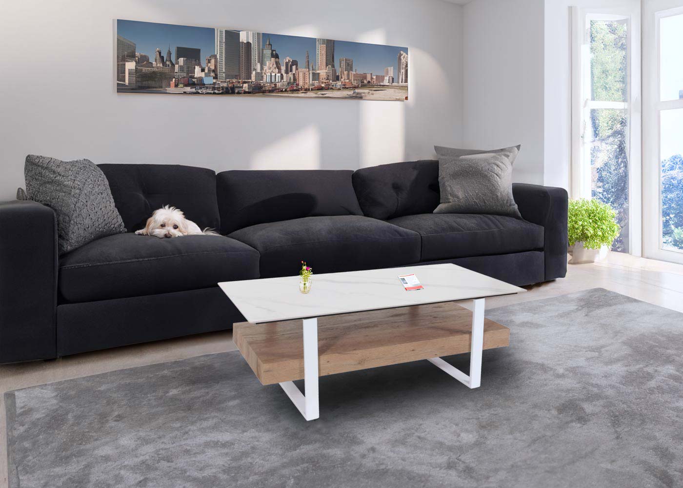 Cosmo Casa - Salontafel - IJzeren Plank - Gesinterde Steen Marmerlook - Wit en Natuurlijk Hout