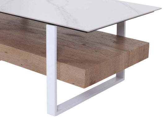 Cosmo Casa - Salontafel - IJzeren Plank - Gesinterde Steen Marmerlook - Wit en Natuurlijk Hout