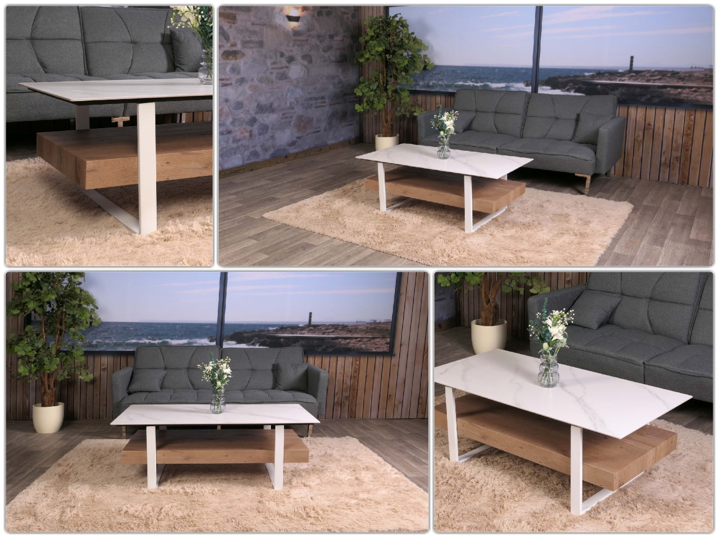 Cosmo Casa - Salontafel - IJzeren Plank - Gesinterde Steen Marmerlook - Wit en Natuurlijk Hout