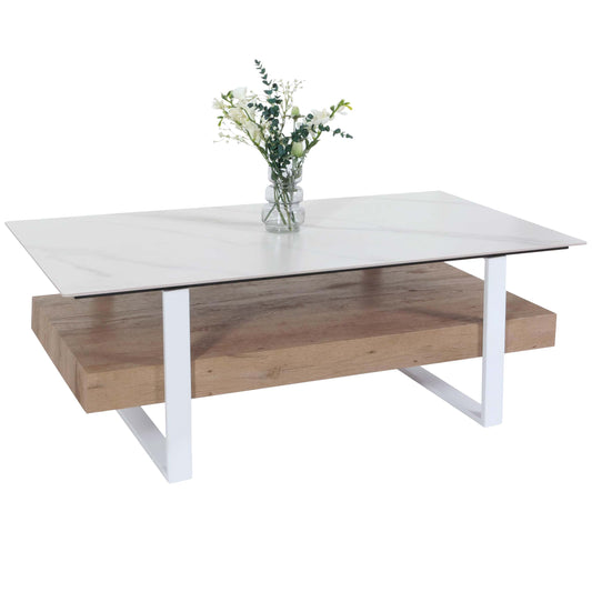 Cosmo Casa - Salontafel - IJzeren Plank - Gesinterde Steen Marmerlook - Wit en Natuurlijk Hout