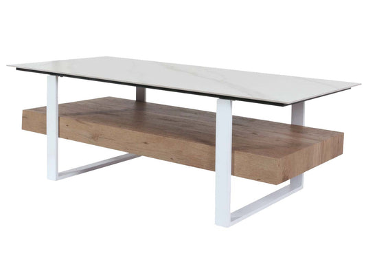 Cosmo Casa - Salontafel - IJzeren Plank - Gesinterde Steen Marmerlook - Wit en Natuurlijk Hout