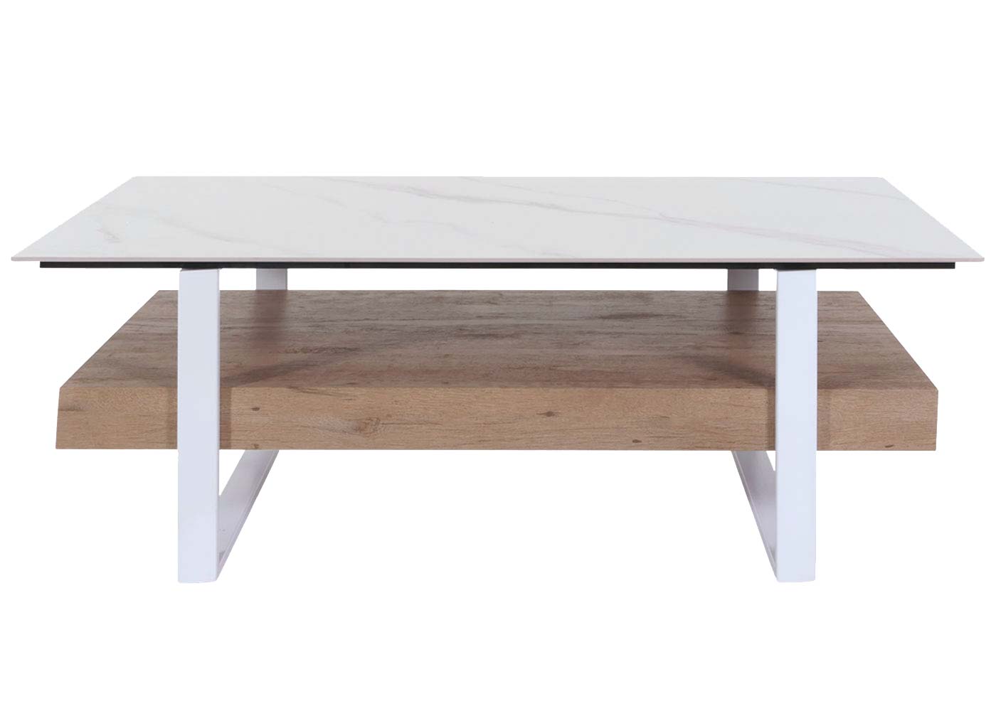 Cosmo Casa - Salontafel - IJzeren Plank - Gesinterde Steen Marmerlook - Wit en Natuurlijk Hout