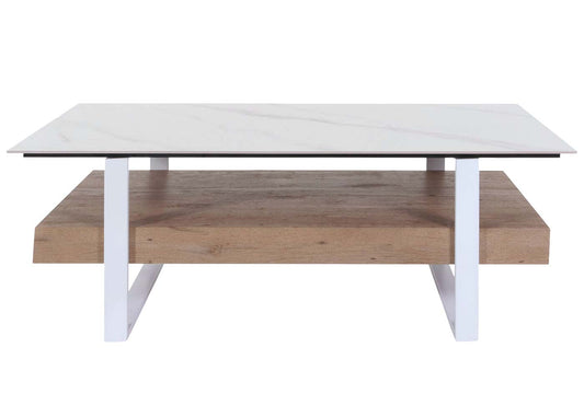 Cosmo Casa - Salontafel - IJzeren Plank - Gesinterde Steen Marmerlook - Wit en Natuurlijk Hout