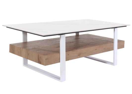 Cosmo Casa - Salontafel - IJzeren Plank - Gesinterde Steen Marmerlook - Wit en Natuurlijk Hout