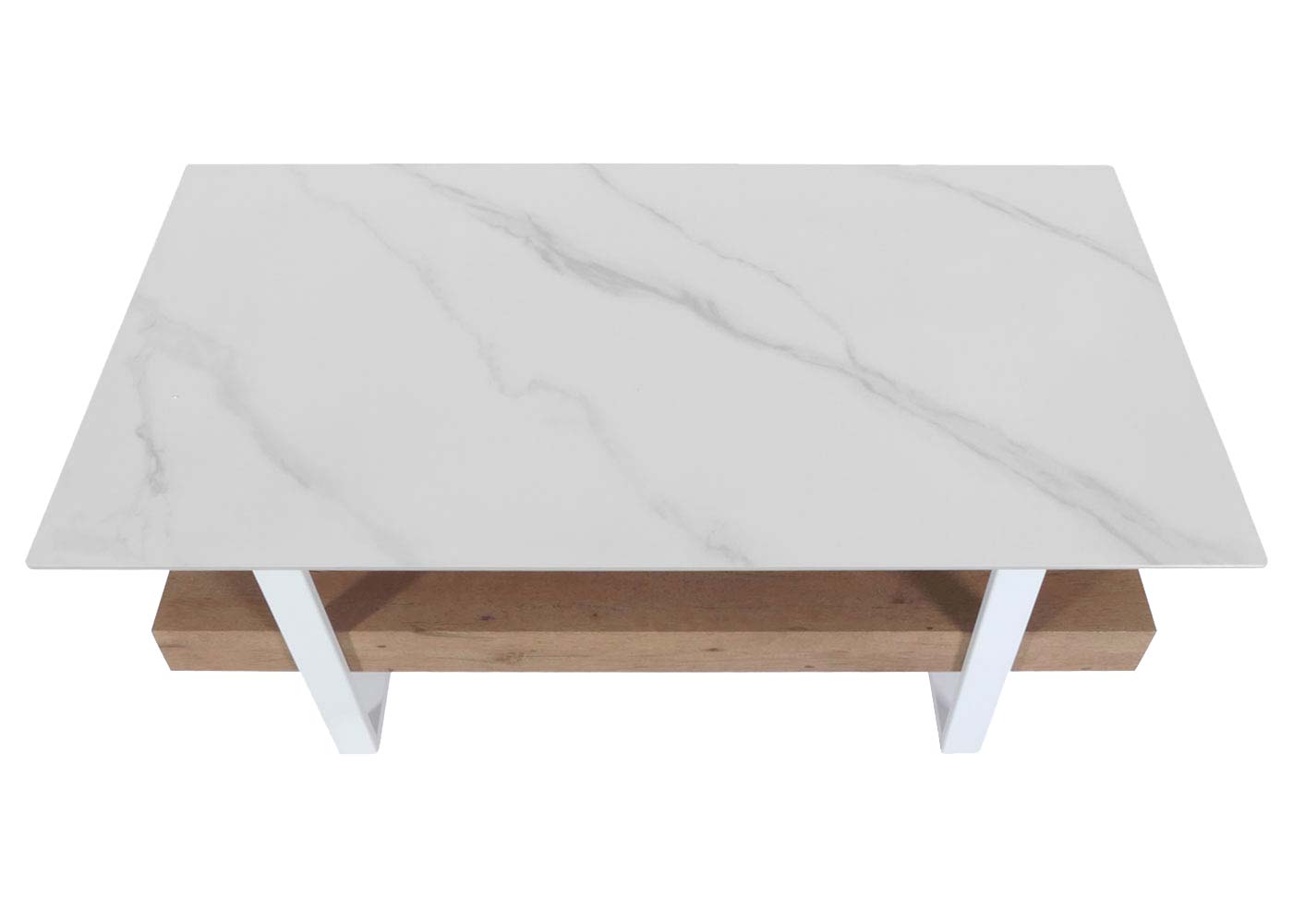 Cosmo Casa - Salontafel - IJzeren Plank - Gesinterde Steen Marmerlook - Wit en Natuurlijk Hout