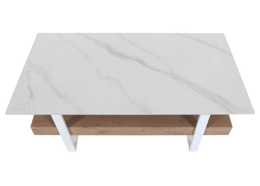 Cosmo Casa - Salontafel - IJzeren Plank - Gesinterde Steen Marmerlook - Wit en Natuurlijk Hout