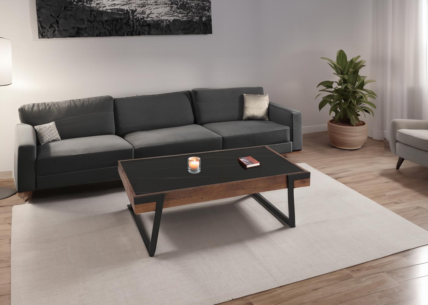 Cosmo Casa - Salontafel - Woonkamertafel - IJzeren Frame - Gesinterde Steen Marmerlook - Zwart en Donkerbruin Hout