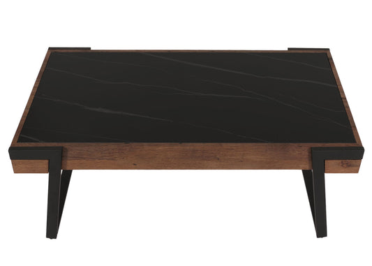 Cosmo Casa - Salontafel - Woonkamertafel - IJzeren Frame - Gesinterde Steen Marmerlook - Zwart en Donkerbruin Hout
