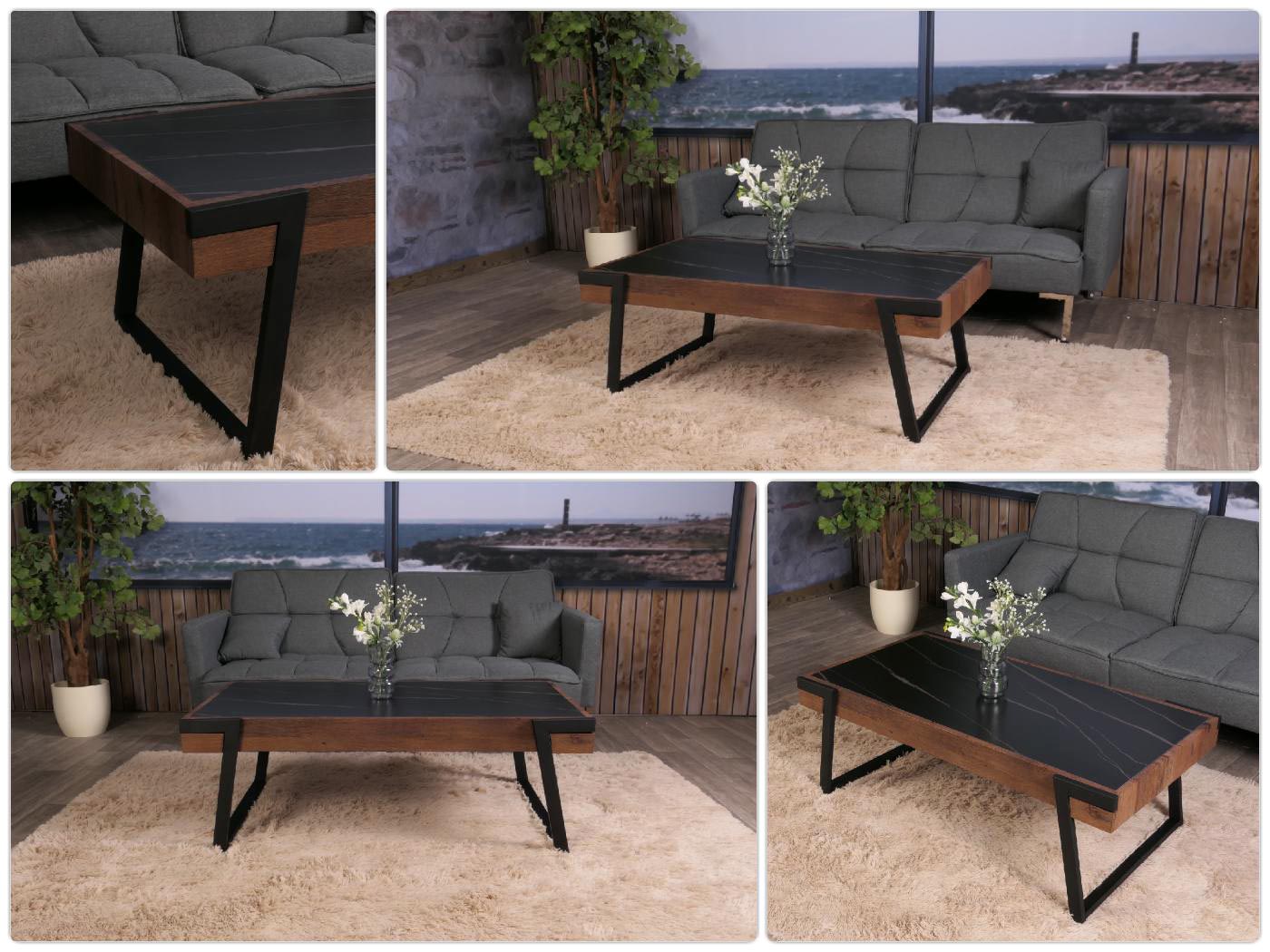 Cosmo Casa - Salontafel - Woonkamertafel - IJzeren Frame - Gesinterde Steen Marmerlook - Zwart en Donkerbruin Hout