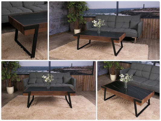 Cosmo Casa - Salontafel - Woonkamertafel - IJzeren Frame - Gesinterde Steen Marmerlook - Zwart en Donkerbruin Hout