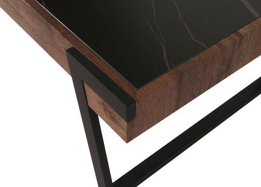 Cosmo Casa - Salontafel - Woonkamertafel - IJzeren Frame - Gesinterde Steen Marmerlook - Zwart en Donkerbruin Hout