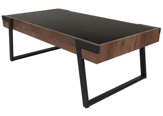 Cosmo Casa - Salontafel - Woonkamertafel - IJzeren Frame - Gesinterde Steen Marmerlook - Zwart en Donkerbruin Hout