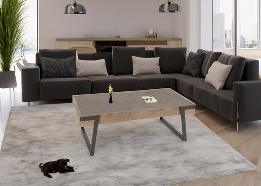 Cosmo Casa - Salontafel - Woonkamertafel - IJzeren Frame - Gesinterde Steen Marmerlook - Grijs en Grijsbruin Hout