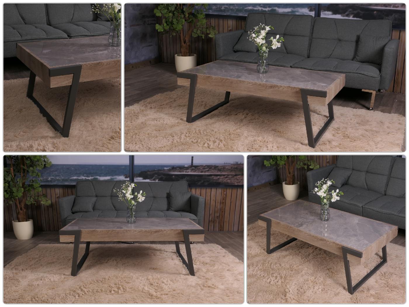 Cosmo Casa - Salontafel - Woonkamertafel - IJzeren Frame - Gesinterde Steen Marmerlook - Grijs en Grijsbruin Hout