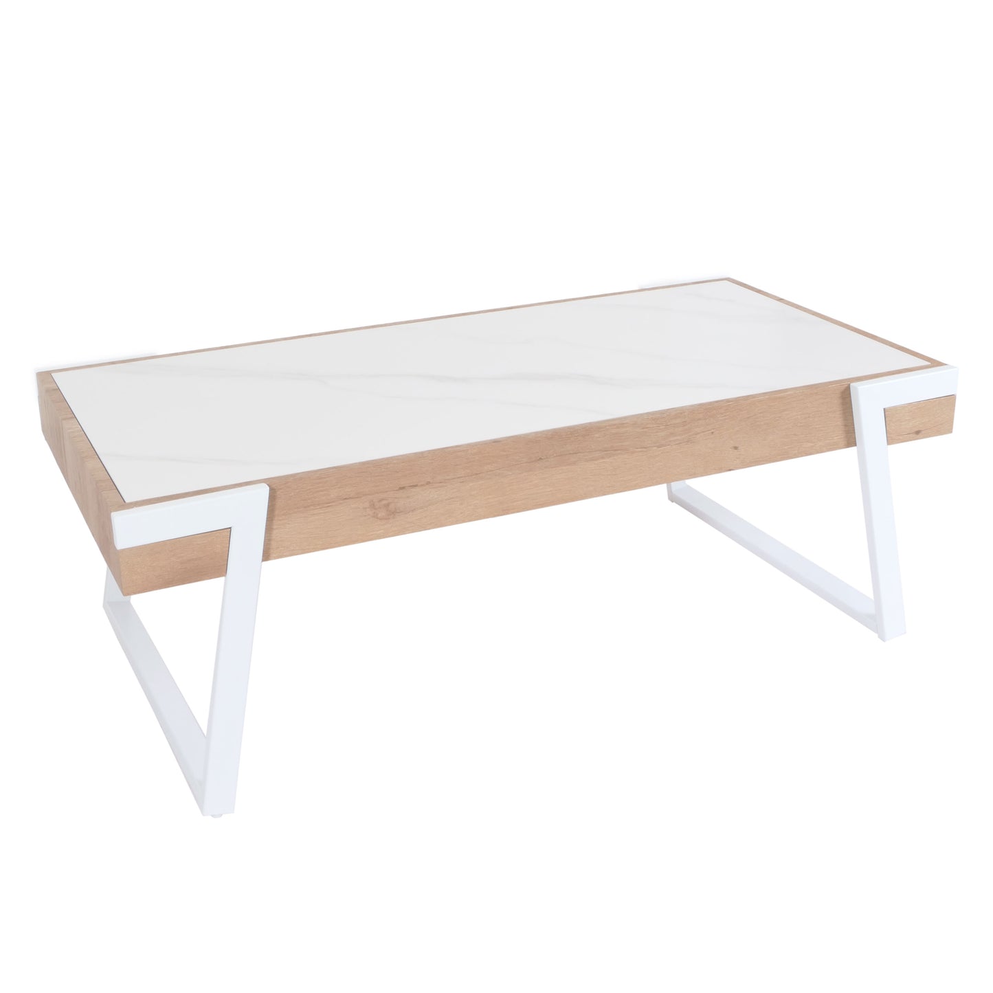 Cosmo Casa - Salontafel - Woonkamertafel - IJzeren Frame - Gesinterde Steen Marmerlook - Wit en Natuurlijk Hout