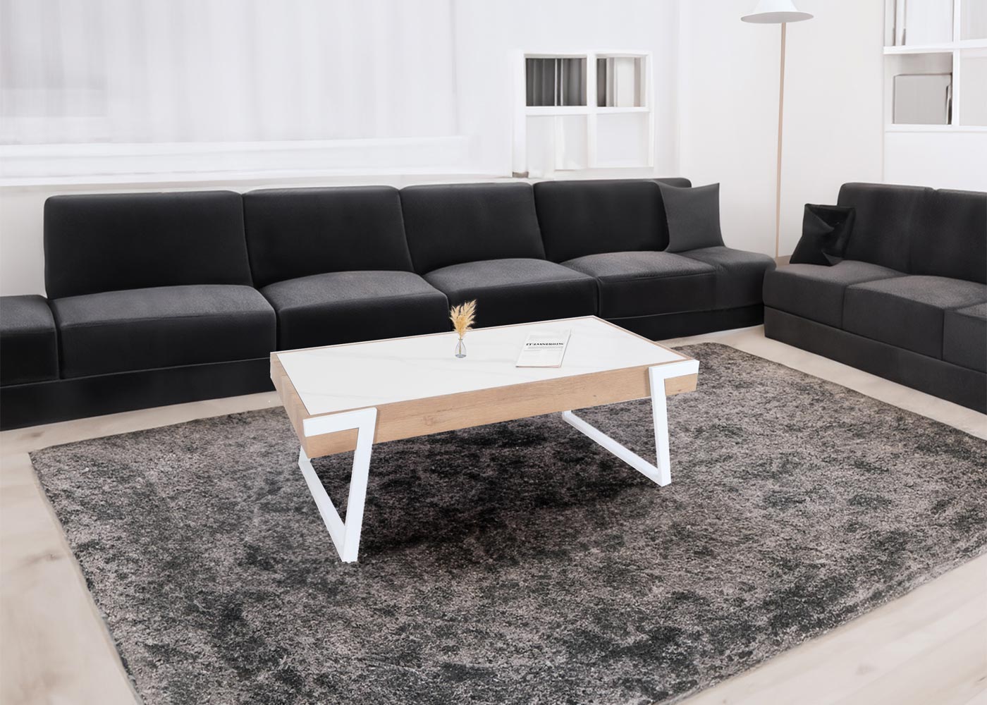 Cosmo Casa - Salontafel - Woonkamertafel - IJzeren Frame - Gesinterde Steen Marmerlook - Wit en Natuurlijk Hout