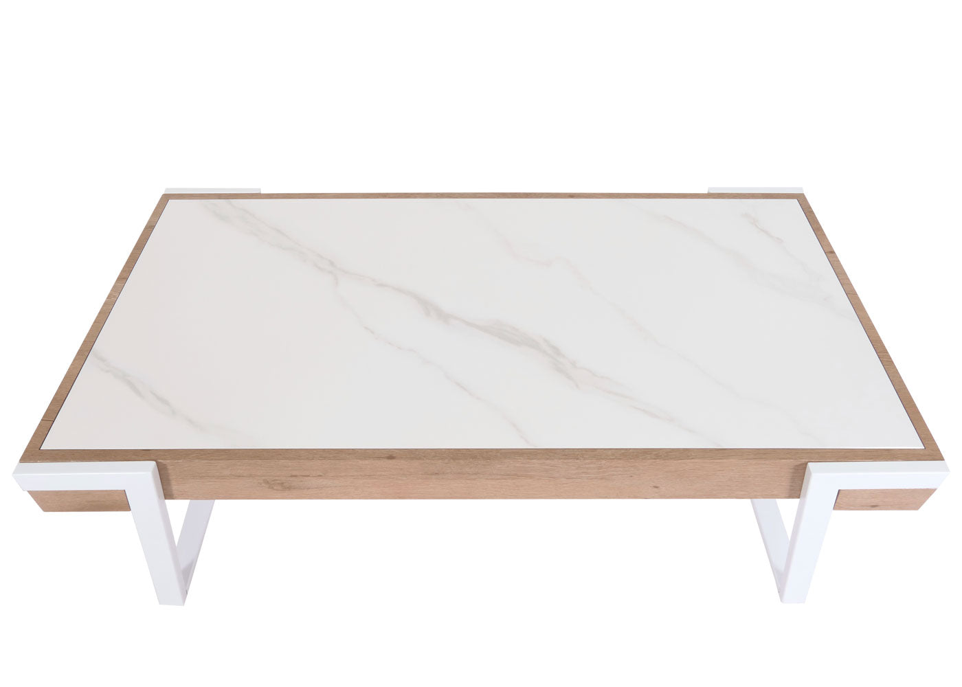 Cosmo Casa - Salontafel - Woonkamertafel - IJzeren Frame - Gesinterde Steen Marmerlook - Wit en Natuurlijk Hout