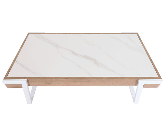 Cosmo Casa - Salontafel - Woonkamertafel - IJzeren Frame - Gesinterde Steen Marmerlook - Wit en Natuurlijk Hout