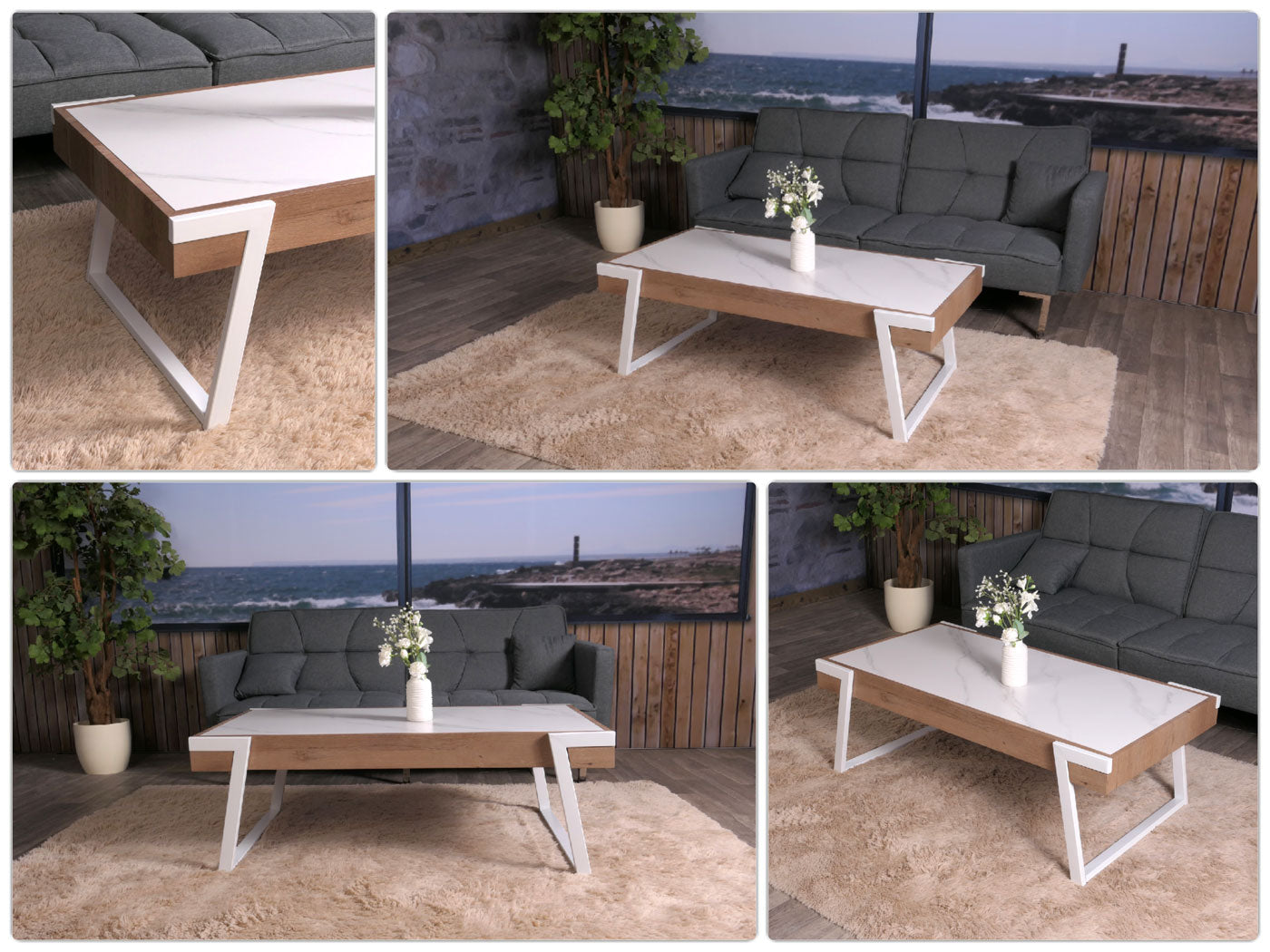 Cosmo Casa - Salontafel - Woonkamertafel - IJzeren Frame - Gesinterde Steen Marmerlook - Wit en Natuurlijk Hout