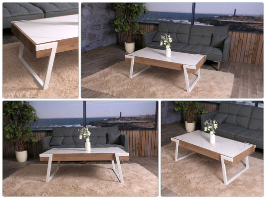 Cosmo Casa - Salontafel - Woonkamertafel - IJzeren Frame - Gesinterde Steen Marmerlook - Wit en Natuurlijk Hout