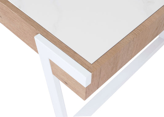 Cosmo Casa - Salontafel - Woonkamertafel - IJzeren Frame - Gesinterde Steen Marmerlook - Wit en Natuurlijk Hout