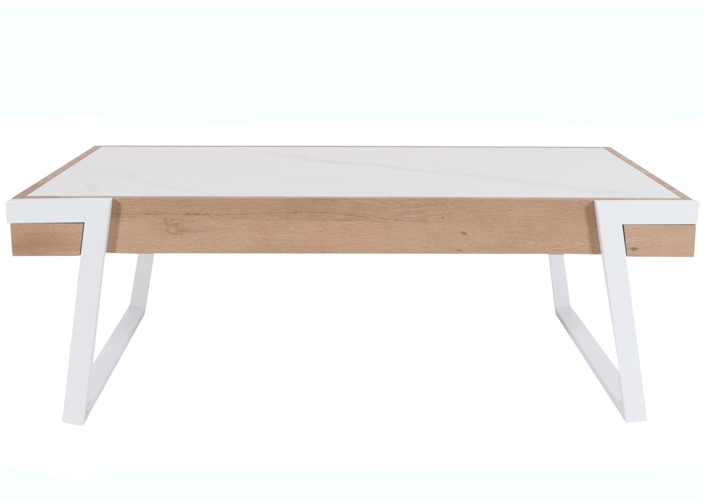 Cosmo Casa - Salontafel - Woonkamertafel - IJzeren Frame - Gesinterde Steen Marmerlook - Wit en Natuurlijk Hout