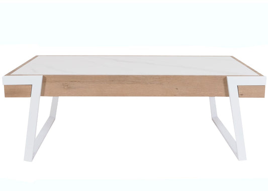 Cosmo Casa - Salontafel - Woonkamertafel - IJzeren Frame - Gesinterde Steen Marmerlook - Wit en Natuurlijk Hout