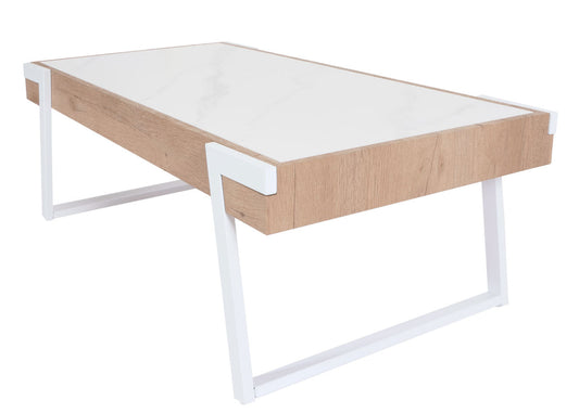 Cosmo Casa - Salontafel - Woonkamertafel - IJzeren Frame - Gesinterde Steen Marmerlook - Wit en Natuurlijk Hout