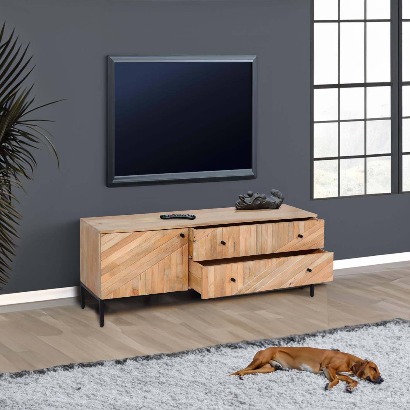 Cosmo Casa - TV Rek - TV Plank - Lowboard - Ladekast - Massief Mangohout - 56x145x43 cm - Natuurlijk