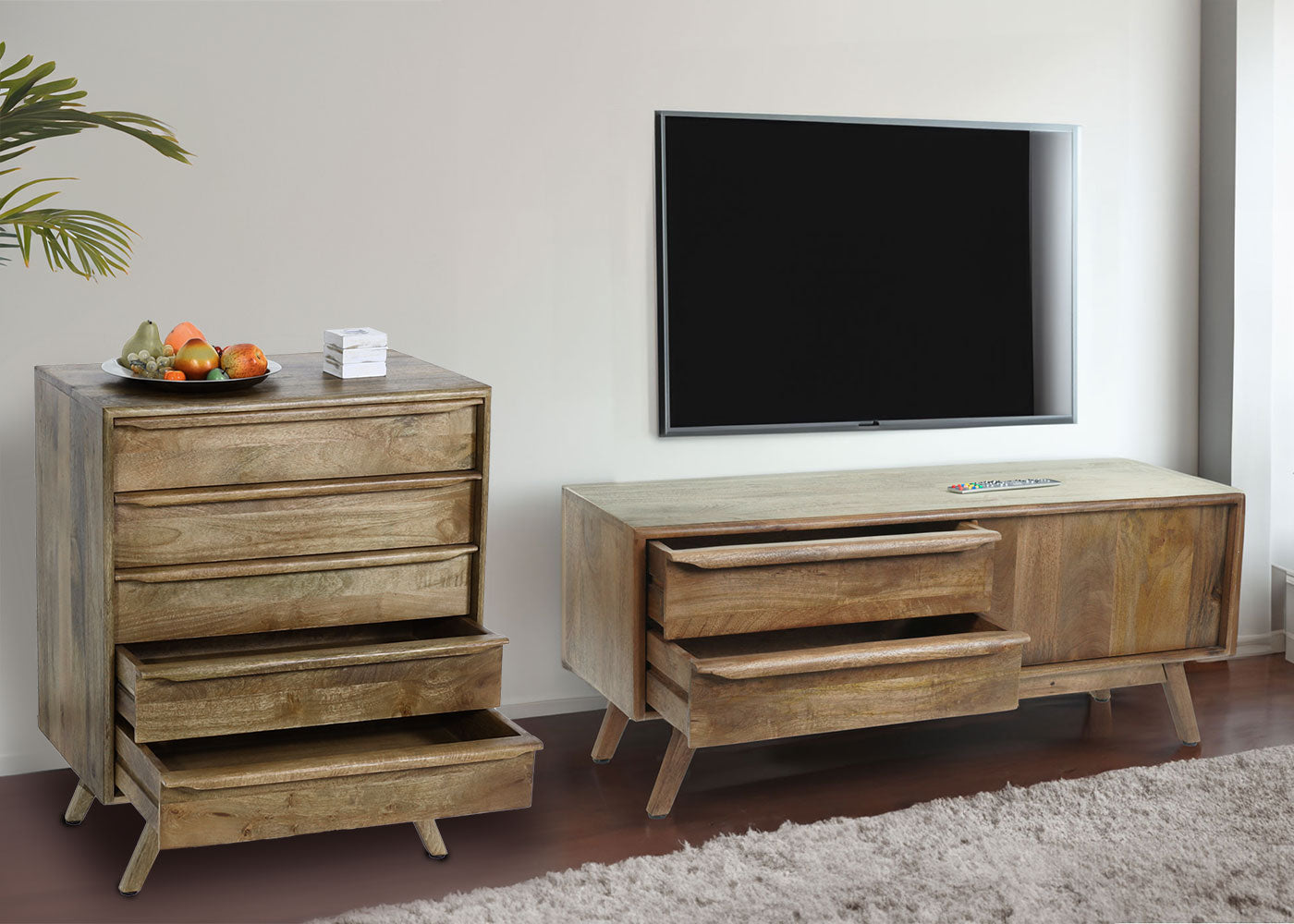 Cosmo Casa - Highboard - Met lades - Mangohout - Naturel - 81×65×43 cm