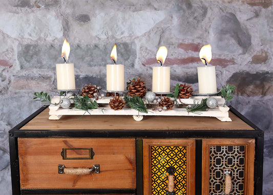 Cosmo Casa - Adventarrangement met Kaarsenhouders - Adventskrans - Kerstdecoratie - Hout - Zilverwit - 18x49x13 cm met Kaarsen