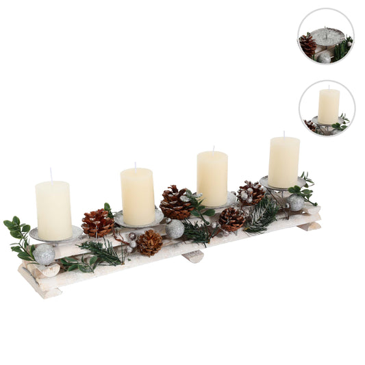 Cosmo Casa - Adventarrangement met Kaarsenhouders - Adventskrans - Kerstdecoratie - Hout - Zilverwit - 18x49x13 cm met Kaarsen