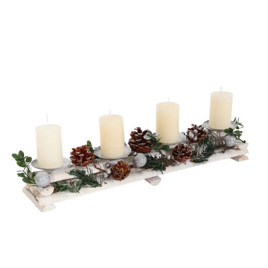 Cosmo Casa - Adventarrangement met Kaarsenhouders - Adventskrans - Kerstdecoratie - Hout - Zilverwit - 18x49x13 cm met Kaarsen