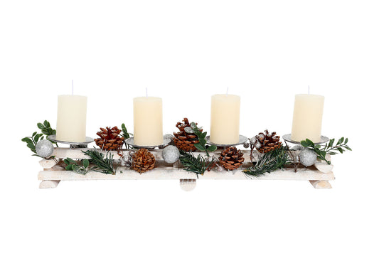 Cosmo Casa - Adventarrangement met Kaarsenhouders - Adventskrans - Kerstdecoratie - Hout - Zilverwit - 18x49x13 cm met Kaarsen