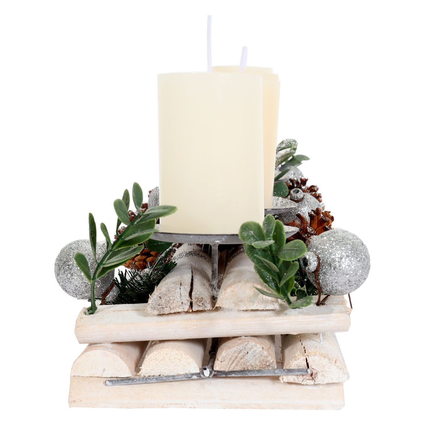 Cosmo Casa - Adventarrangement met Kaarsenhouders - Adventskrans - Kerstdecoratie - Hout - Zilverwit - 18x49x13 cm met Kaarsen