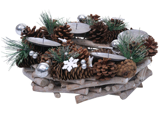 Cosmo Casa - Adventskrans - Tafelarrangement voor Kerstdecoratie - Hout - Zilver - 32 cm - Zonder Kaarsen