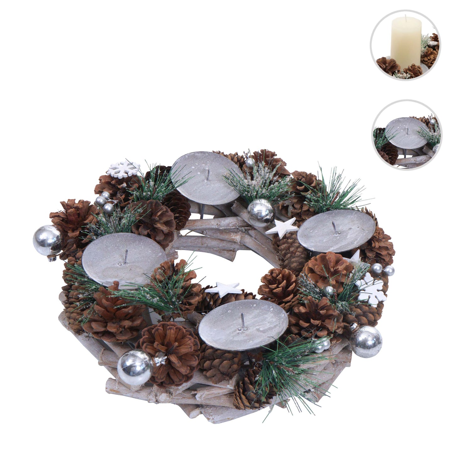 Cosmo Casa - Adventskrans - Tafelarrangement voor Kerstdecoratie - Hout - Zilver - 32 cm - Zonder Kaarsen