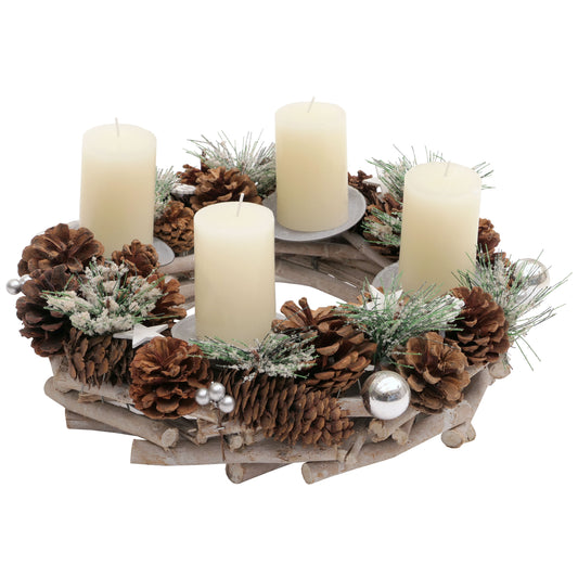 Cosmo Casa - Adventskrans - Tafelarrangement voor Kerstdecoratie - Hout - Zilver - 32 cm - Met Kaarsen