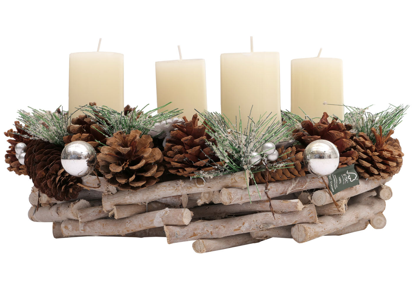 Cosmo Casa - Adventskrans - Tafelarrangement voor Kerstdecoratie - Hout - Zilver - 32 cm - Met Kaarsen