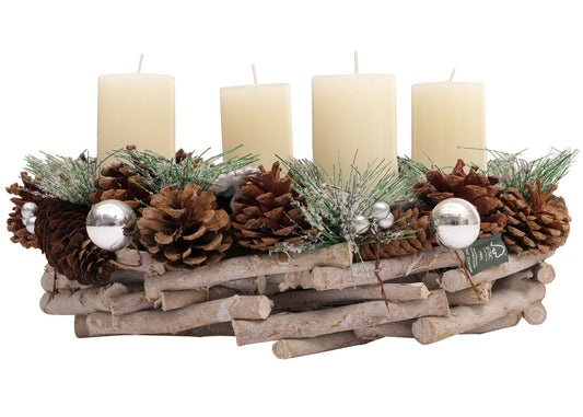 Cosmo Casa - Adventskrans - Tafelarrangement voor Kerstdecoratie - Hout - Zilver - 32 cm - Met Kaarsen