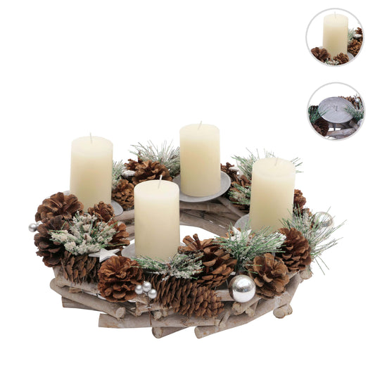 Cosmo Casa - Adventskrans - Tafelarrangement voor Kerstdecoratie - Hout - Zilver - 32 cm - Met Kaarsen