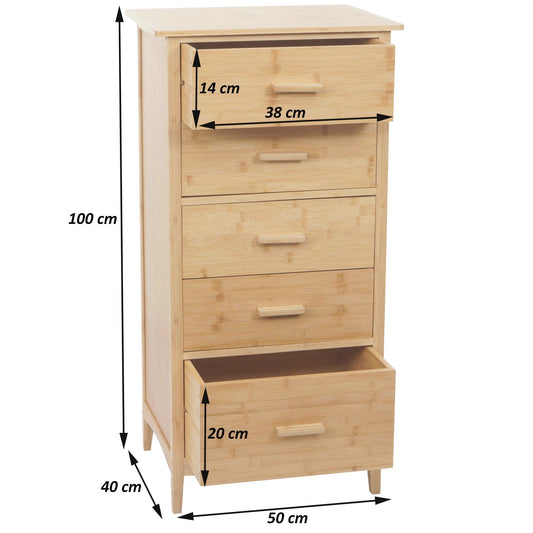 Cosmo Casa - Bamboe Ladekast - Badkamerkast - Dressoir - Badkameropslag - Bijzetkast - Plank - 5 Lades - 100x50x40cm